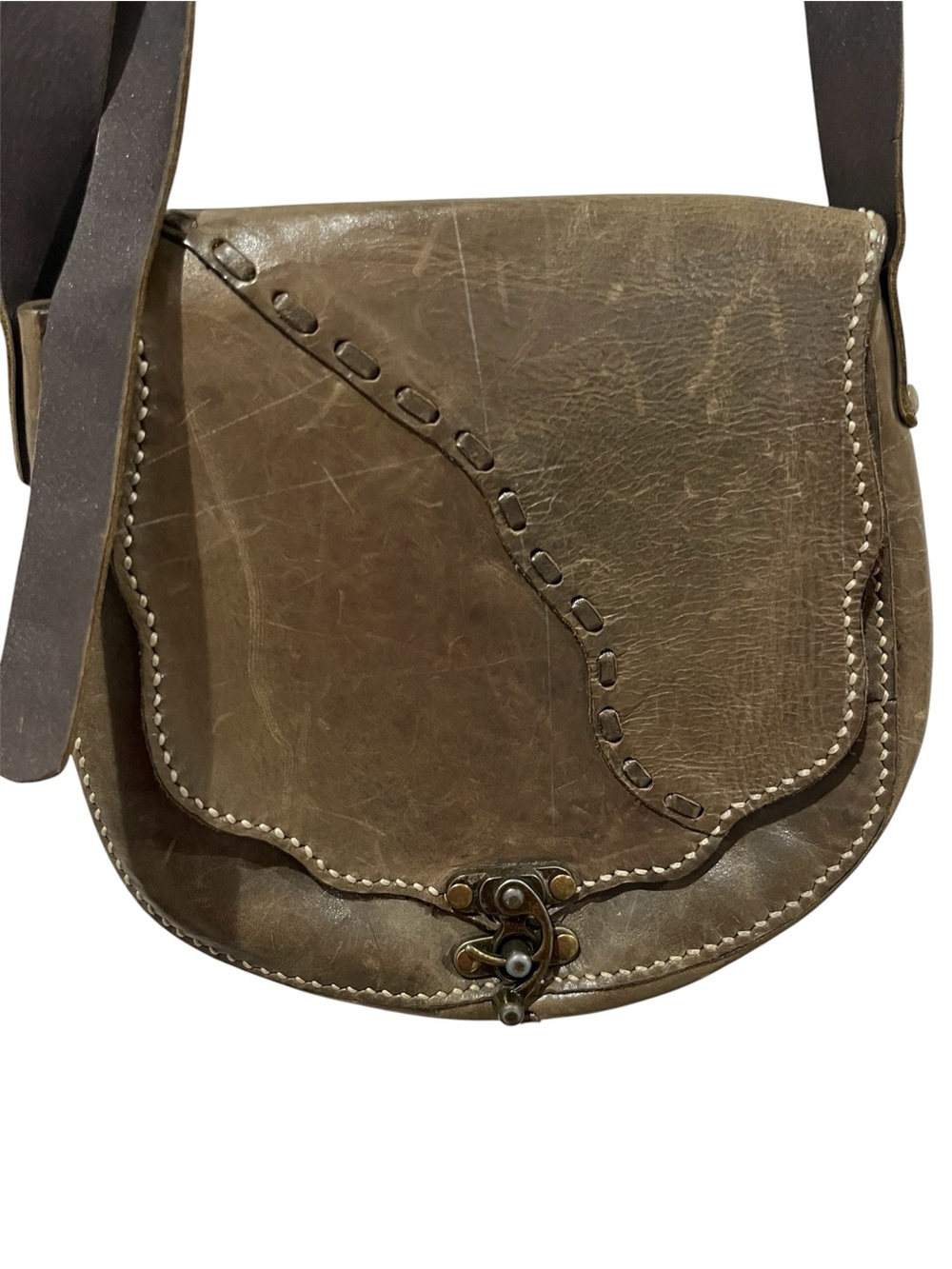 Handcrafted Brown Leather Crossbody Bag, approx 9.5”w x 8”h x 2”d